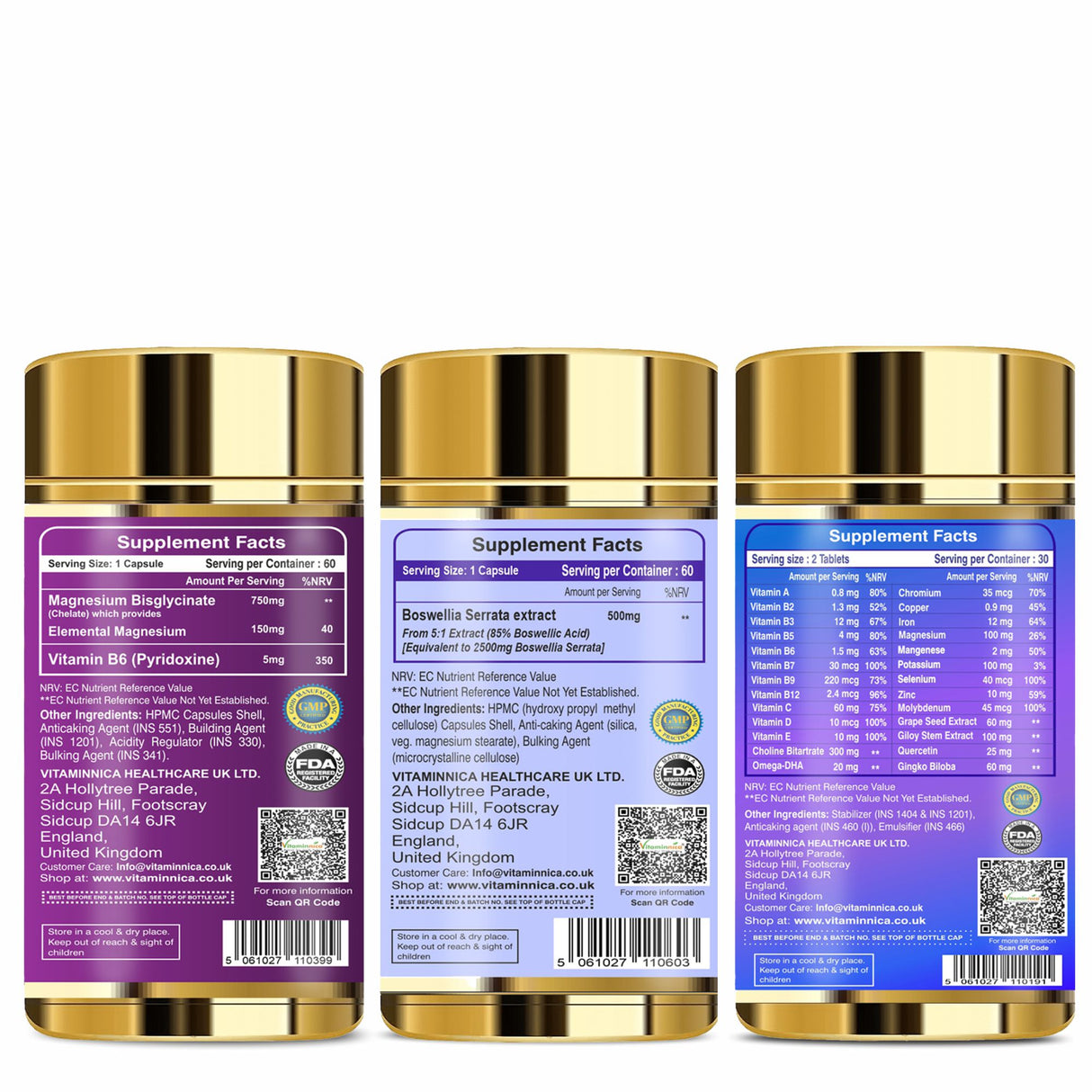 Vitaminnica Magnesium Bisglycinate+ Boswellia Serrata+ Multi Vita Men- Combo Pack| 180 Capsules