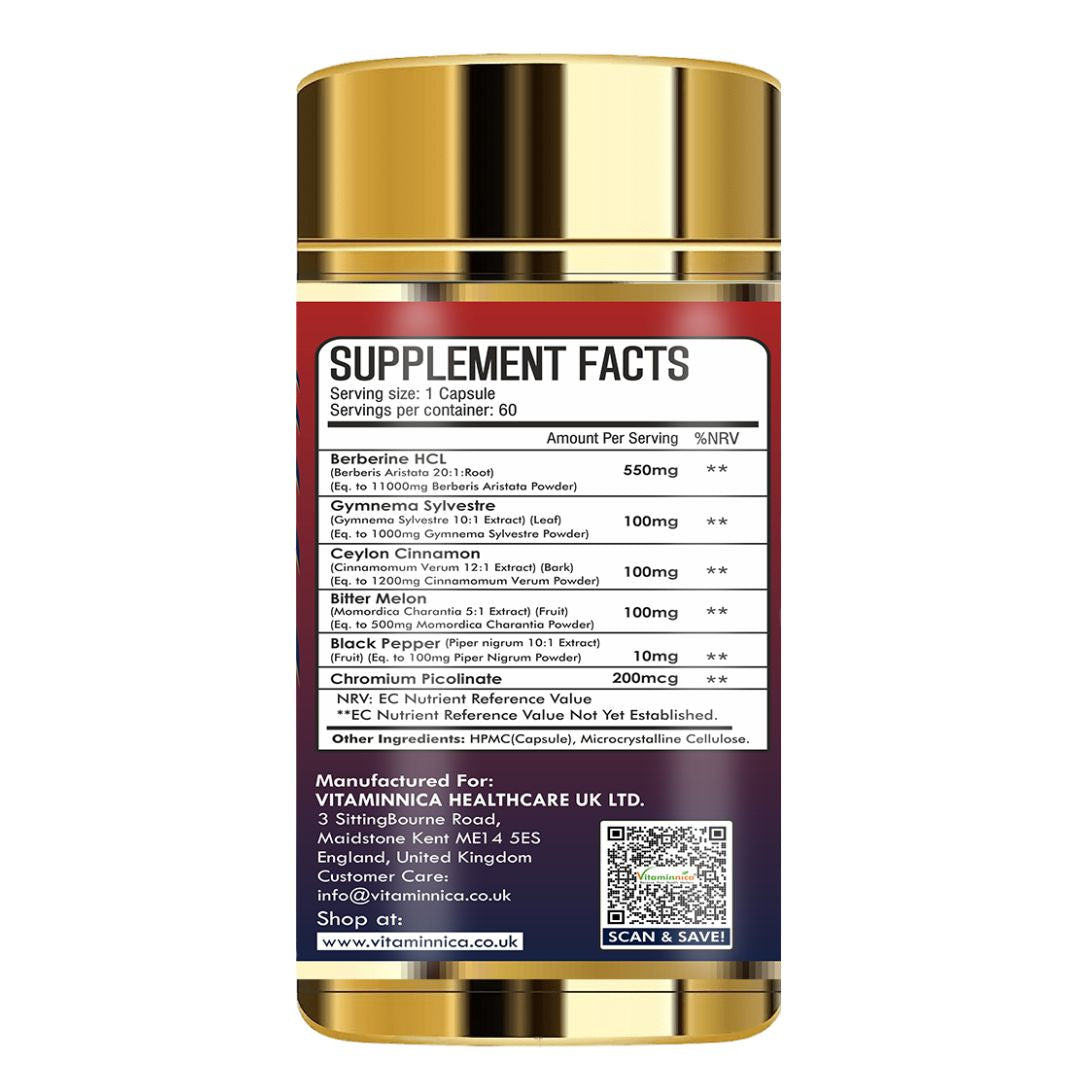 Vitaminnica Berberine HCL Capsules –1100 mg | Blood Sugar Balance, Metabolic Health & Weight Support | 60 Veg Capsules