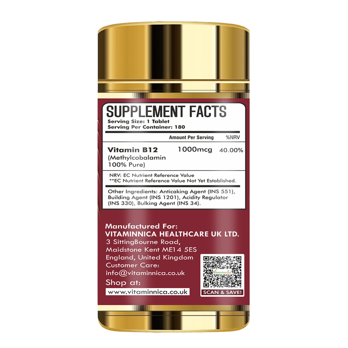 Vitaminnica Vitamin B12 180 Tablets – High Strength Energy & Fatigue Support Supplement – Nervous System, Red Blood Cell Formation & Immune Health