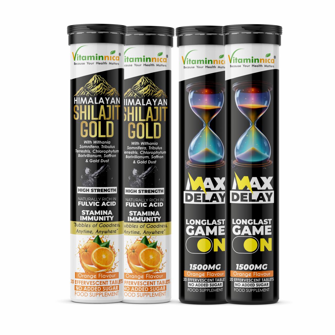 Vitaminnica Shilajit Gold + Max Delay Effervescent Tablets Combo | Shilajit, Ashwagandha, Gokhru, Saffron, Korean Ginseng, Maca Root, Ginkgo Biloba, Arginine & Tribulus | Energy, Strength & Stamina Support | 40 Effervescent Tablets