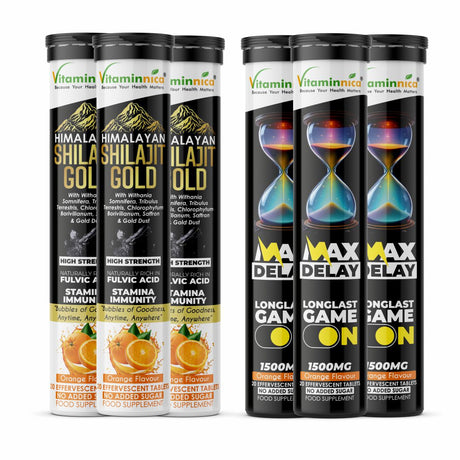 Vitaminnica Shilajit Gold + Max Delay Effervescent Tablets Combo | Shilajit, Ashwagandha, Gokhru, Saffron, Korean Ginseng, Maca Root, Ginkgo Biloba, Arginine & Tribulus | Energy, Strength & Stamina Support | 40 Effervescent Tablets