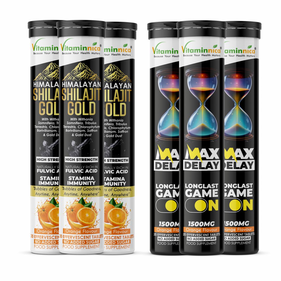 Vitaminnica Shilajit Gold + Max Delay Effervescent Tablets Combo | Shilajit, Ashwagandha, Gokhru, Saffron, Korean Ginseng, Maca Root, Ginkgo Biloba, Arginine & Tribulus | Energy, Strength & Stamina Support | 40 Effervescent Tablets