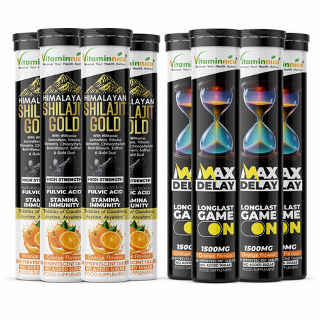 Vitaminnica Shilajit Gold + Max Delay Effervescent Tablets Combo | Shilajit, Ashwagandha, Gokhru, Saffron, Korean Ginseng, Maca Root, Ginkgo Biloba, Arginine & Tribulus | Energy, Strength & Stamina Support | 40 Effervescent Tablets
