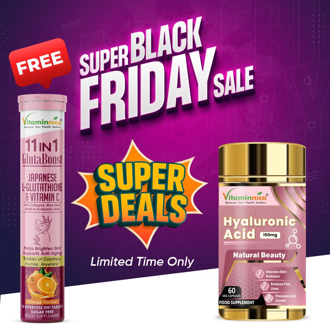 Vitaminnica Hyaluronic Acid 60 Capsules + Free Gluta Boost 11-in-1 Effervescent Tablets – Advanced Skin Moisture & Glow Combo