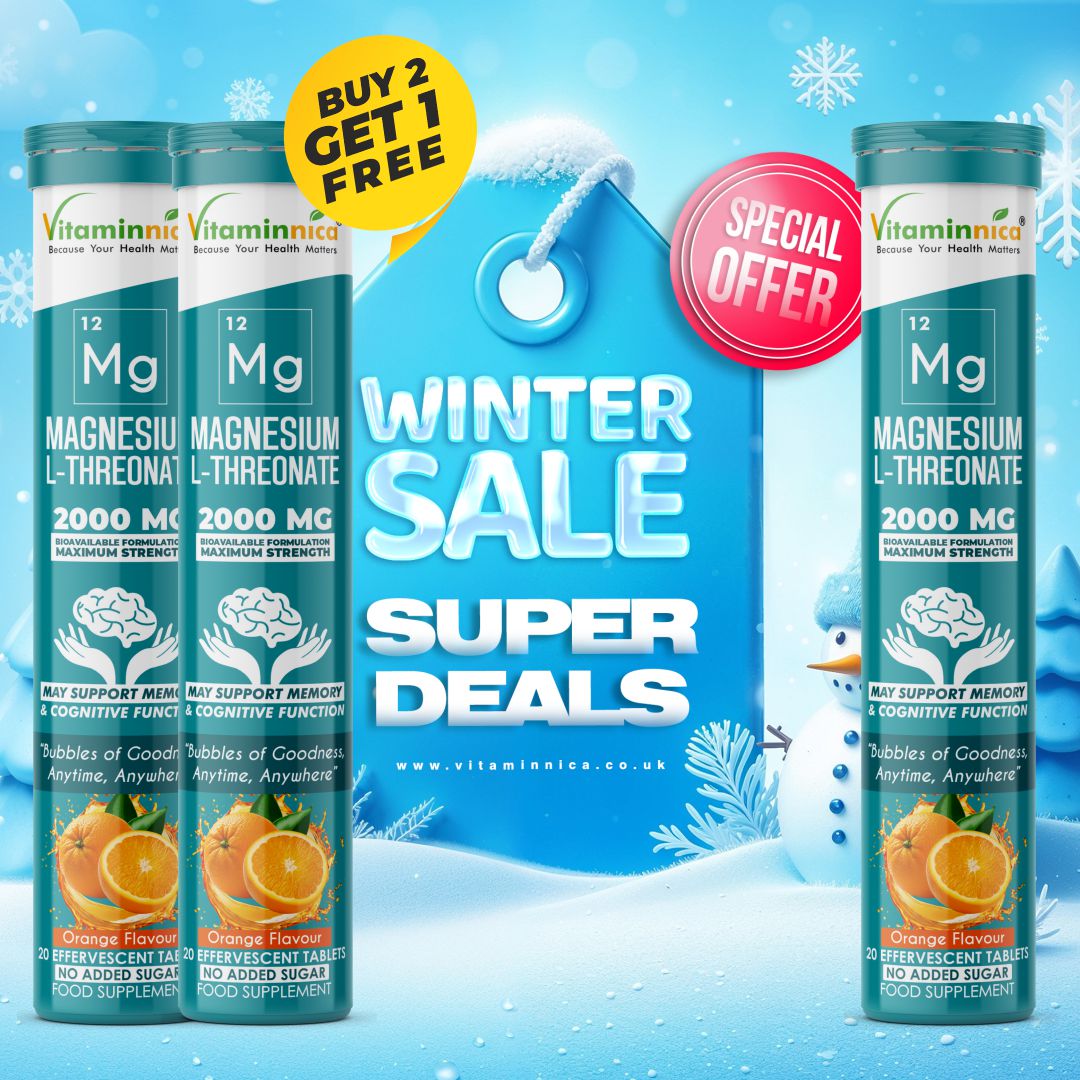 Vitaminnica Magnesium L-Threonate Effervescent Tablets Orange Flavour – Buy 2 Get 1 Free | Brain Health, Memory, Focus, Sleep & Nervous System Support | Vegan, Sugar Free