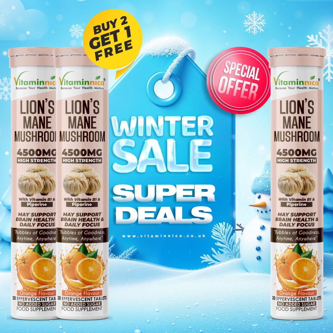 Vitaminnica Lion’s Mane Effervescent Tablets Orange Flavour – Buy 2 Get 1 Free | Cognitive Support, Memory, Focus & Brain Health | Vegan, Sugar Free