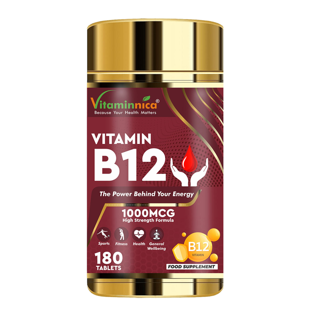 Vitaminnica Vitamin B12 180 Tablets – High Strength Energy & Fatigue Support Supplement – Nervous System, Red Blood Cell Formation & Immune Health