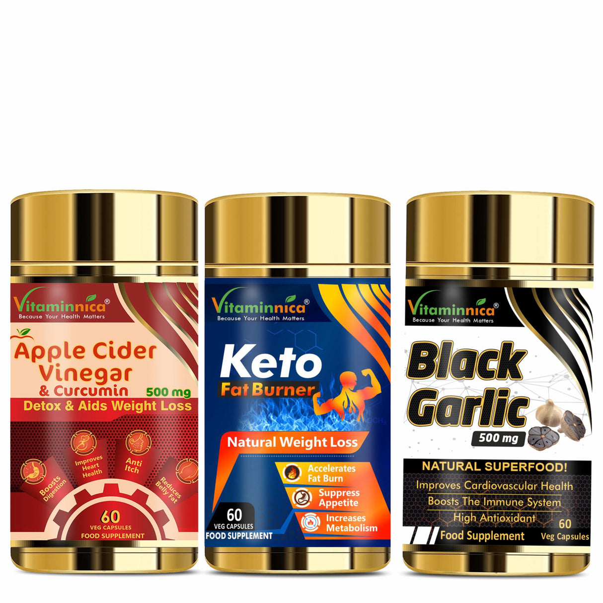Weight Management Bundle- Vitaminnica Apple Cider Vinegar & Curcumin+ Keto Fat Burner+ Black Garlic- 180 Capsules