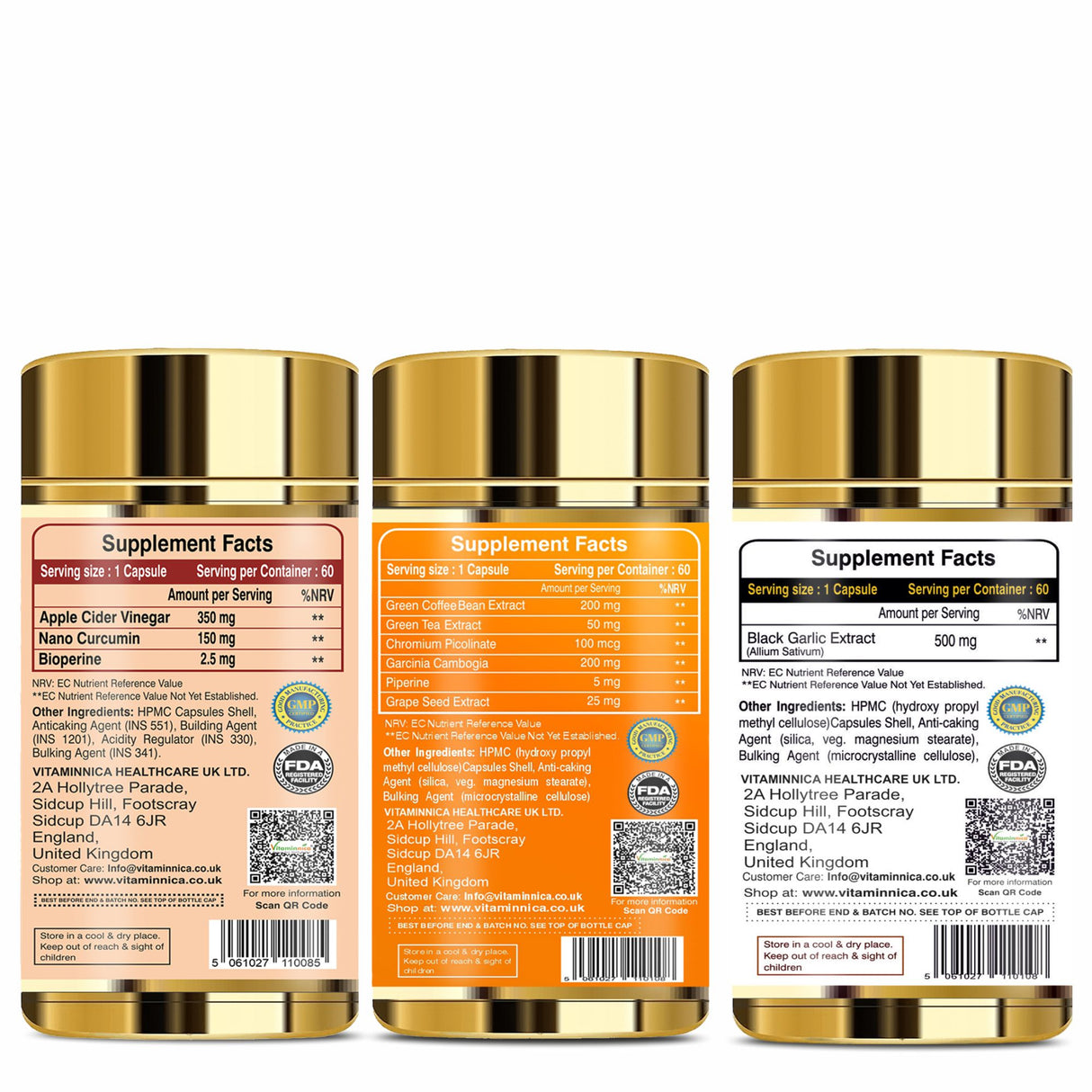 Weight Management Bundle- Vitaminnica Apple Cider Vinegar & Curcumin+ Keto Fat Burner+ Black Garlic- 180 Capsules