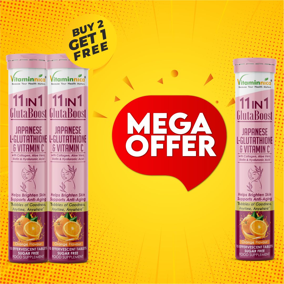 Vitaminnica Japanese Glutathione 11-in-1 Effervescent Tablets Orange Flavour – Buy 2 Get 1 Free | Skin Glow, Brightening, Antioxidant & Detox Support | Vegan, Sugar Free