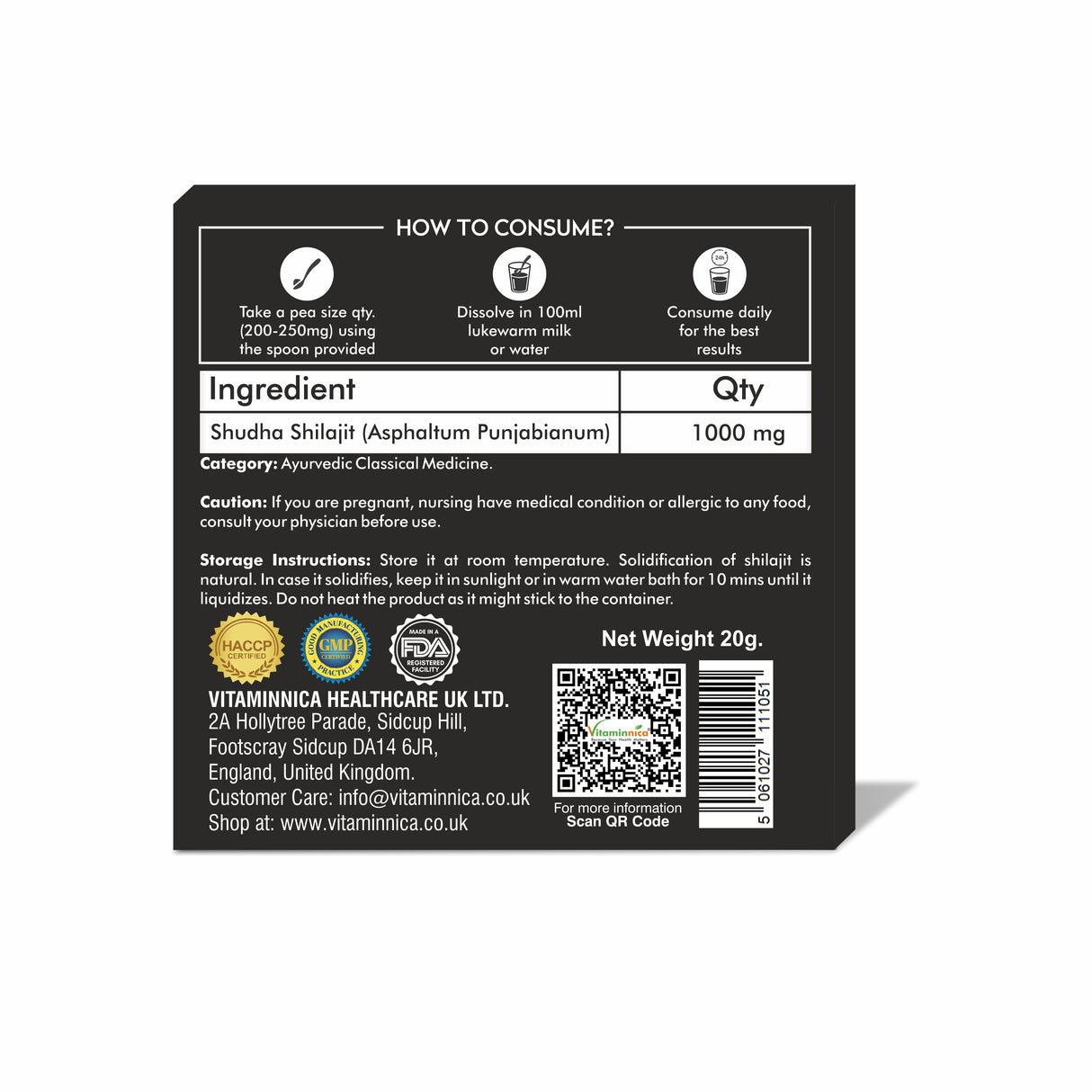 Vitaminnica Shilajit Resin- Pure Organic Himalayan Shilajit with Trace Minerals & Fulvic Acid- 20g