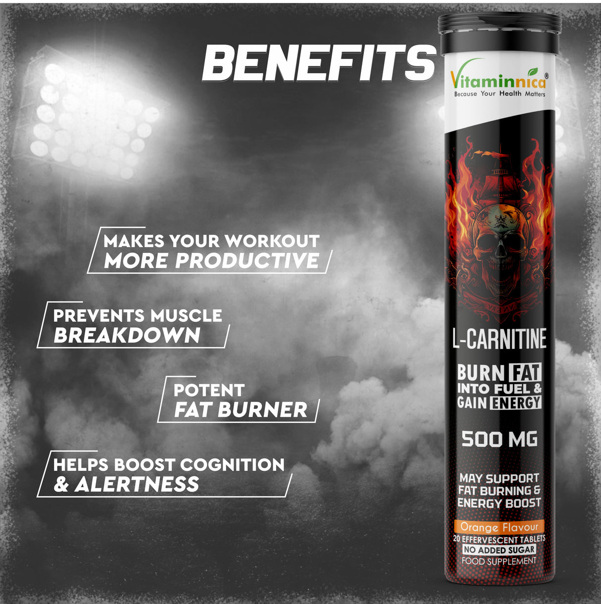 Vitaminnica L-Carnitine- 20 Effervescent Tablets Orange Flavour – Fat Metabolism, Energy & Weight Management Support | Fast-Absorbing Metabolic Drink