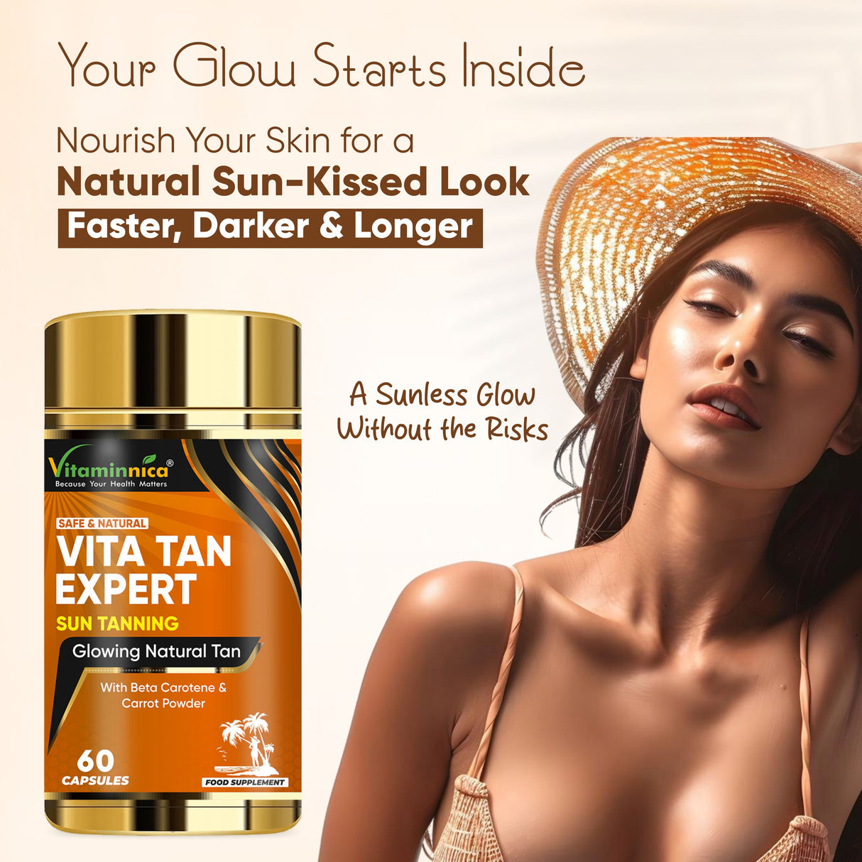 Vitaminnica Vita Tan Expert- Tanning Accelerator- 60 Vegan Capsules | Natural Sun Protector with Beta Carotene