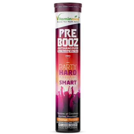 Vitaminnica Pre Booz- Hangover Relief Drink- 20 Effervescent Tablets– Pre & Post Party Recovery Supplement | With Vitamins, Minerals & Antioxidants | Helps Hydration, Liver Support, Energy & Detox