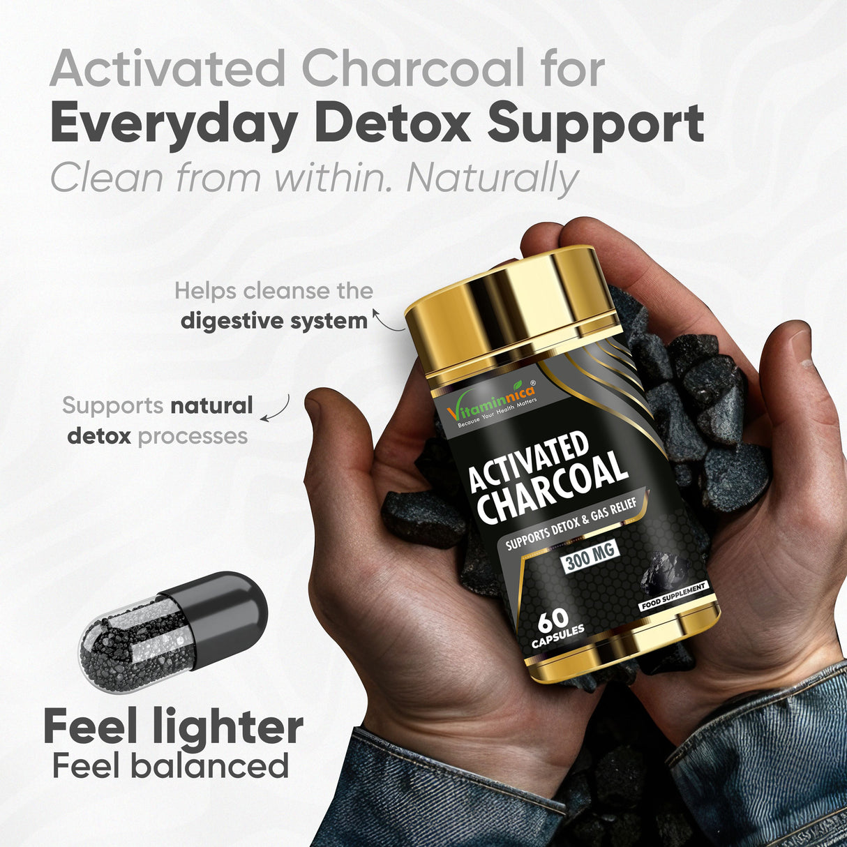 Vitaminnica Activated Charcoal 300mg- Supports Detox & Gas Relief- 60 Capsules