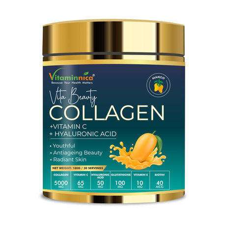 Vitaminnica Vita Beauty Premium Bovine Collagen Powder (Type I & III) with Hyaluronic Acid, Glutathione, Vitamin C, Biotin & Vitamin E | For Glowing Skin & Anti-Aging - 30 servings
