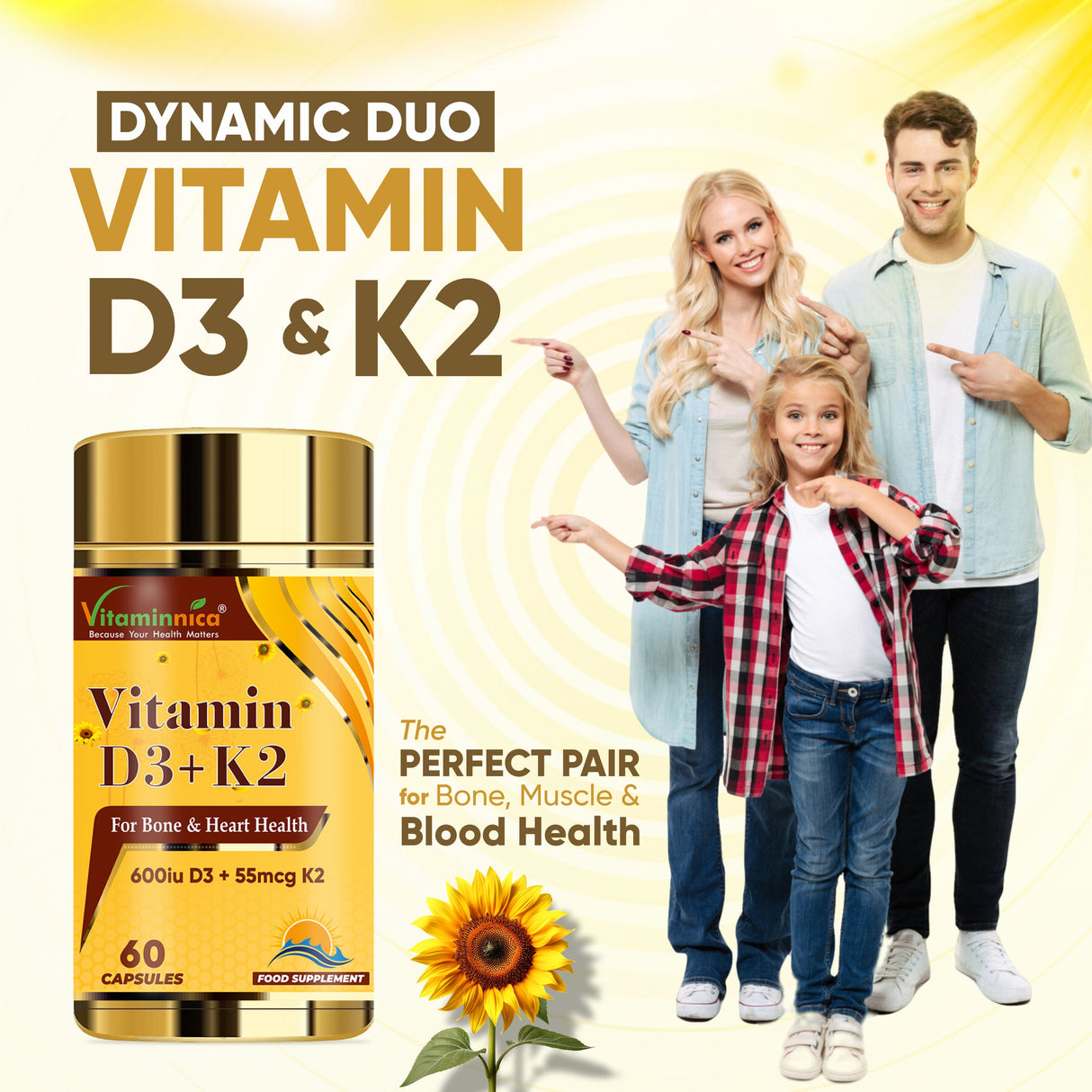 Vitaminnica Vitamin D3+K2 – Verbessert die Knochengesundheit – 60 Kapseln