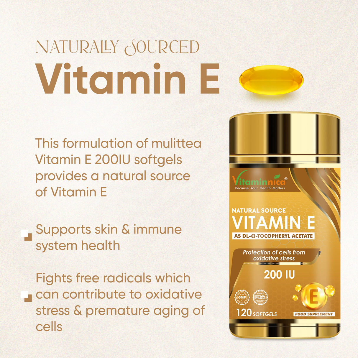 Vitaminnica Vitamin E- 120 Softgels | Antioxidant Support for Skin, Hair, Immunity & Cellular Protection