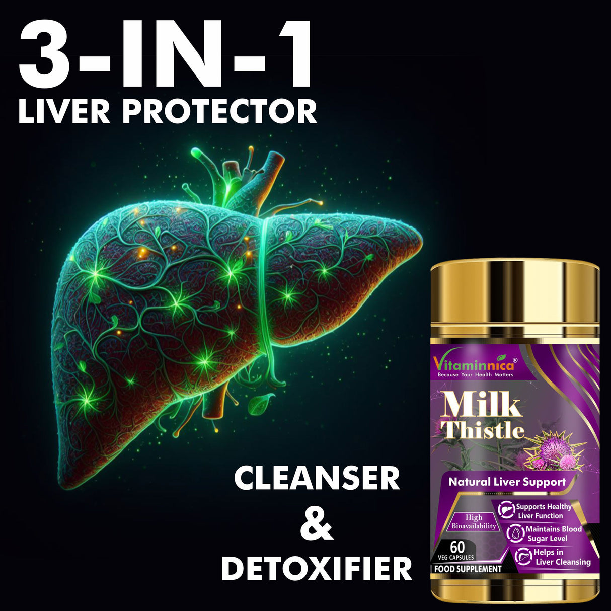 Heart Health+ Liver Detox Bundle- Vitaminnica Omega3+ Milk Thistle+ Multi Vita Men- 180 Capsules