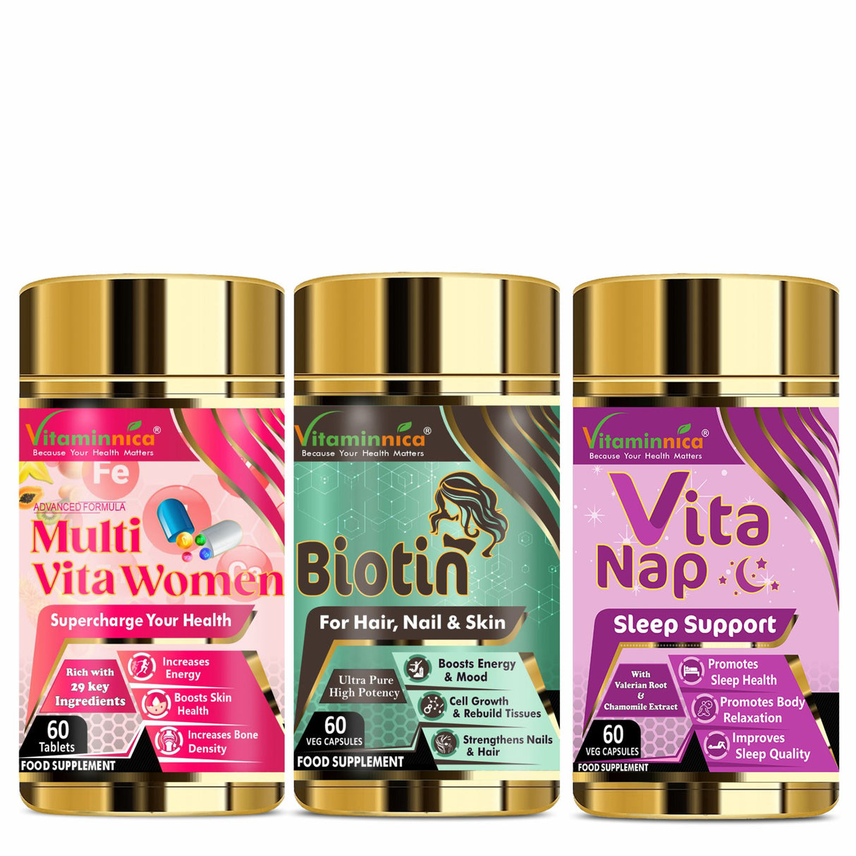 Women's Health Bundle- Vitaminnica Multi Vita Women+ Biotin+ Vita Nap Sleep Support- 180 Capsules