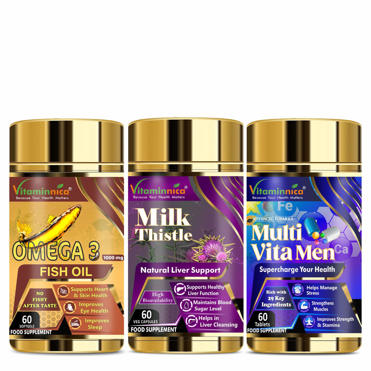 Heart Health+ Liver Detox Bundle- Vitaminnica Omega3+ Milk Thistle+ Multi Vita Men- 180 Capsules