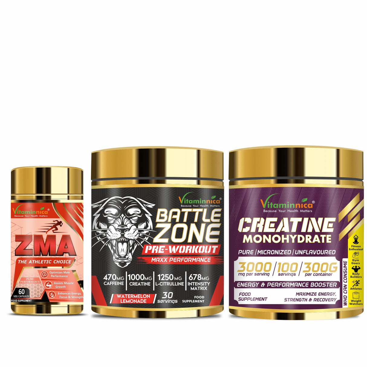 Sports Bundle- Vitaminnica ZMA+ Battlezone Pre-workout + Creatine Monohydrate- 180 Capsules