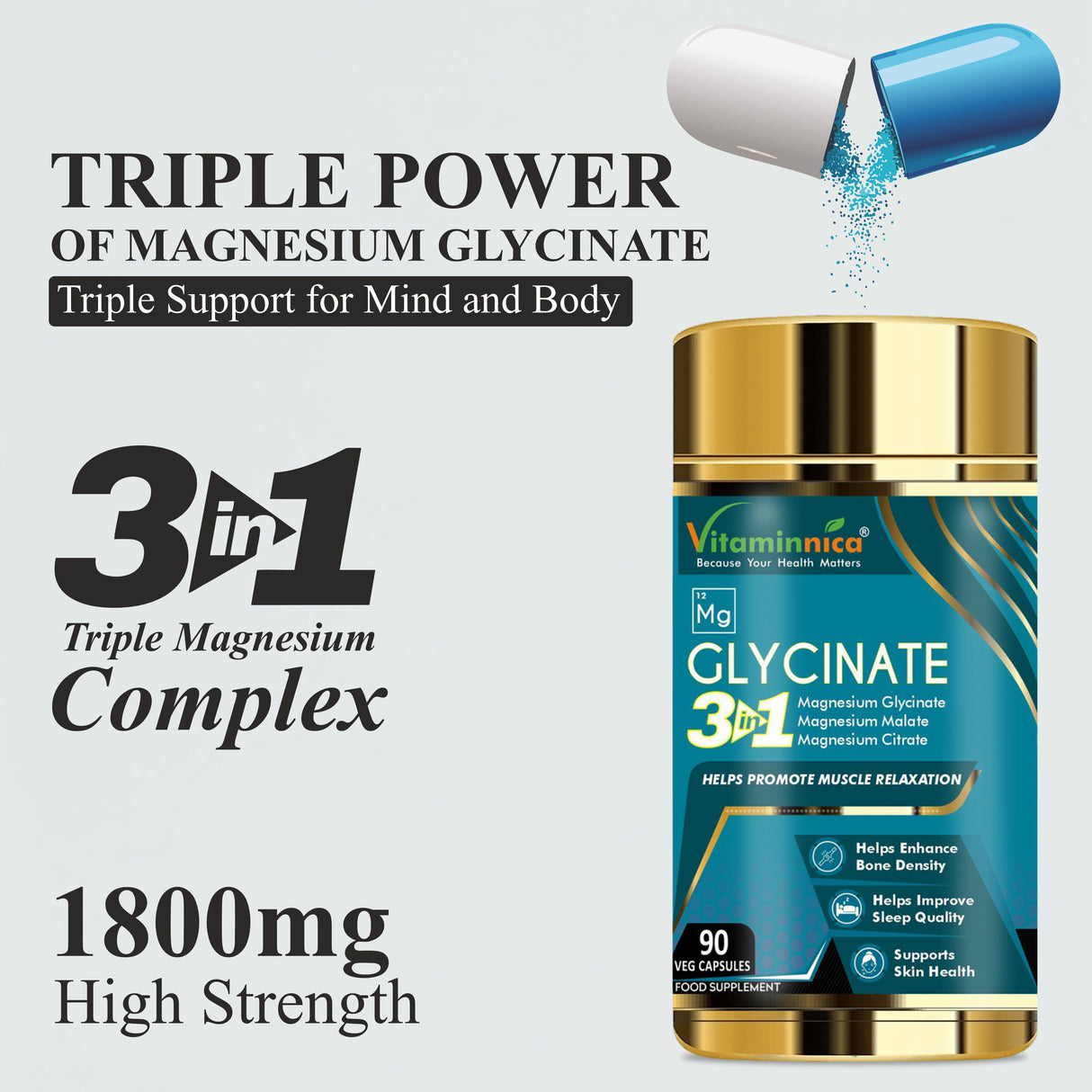 Vitaminnica Magnesium Glycinate 3 in 1- 90 Capsules