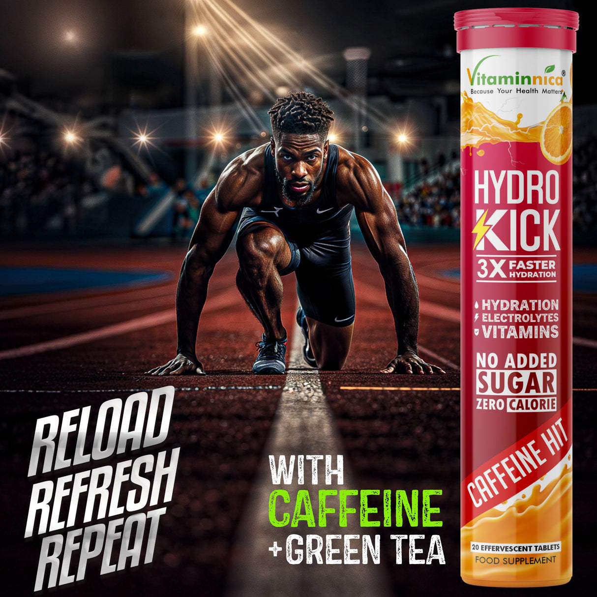Vitaminnica Hydro Kick- 20 Effervescent Tablets | Hydration + Energy Boost | Electrolytes, Coconut Water, Caffeine & Green Tea | Vitamins & Minerals | Rehydration & Refreshing Energy Drink