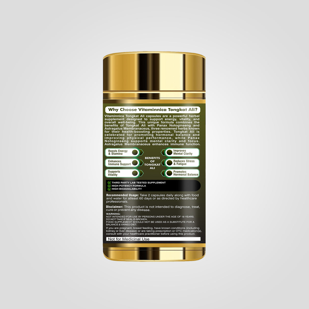 Vitaminnica Tongkat Ali- 60 Capsules | Premium Extract for Energy, Stamina, Testosterone Support & Vitality