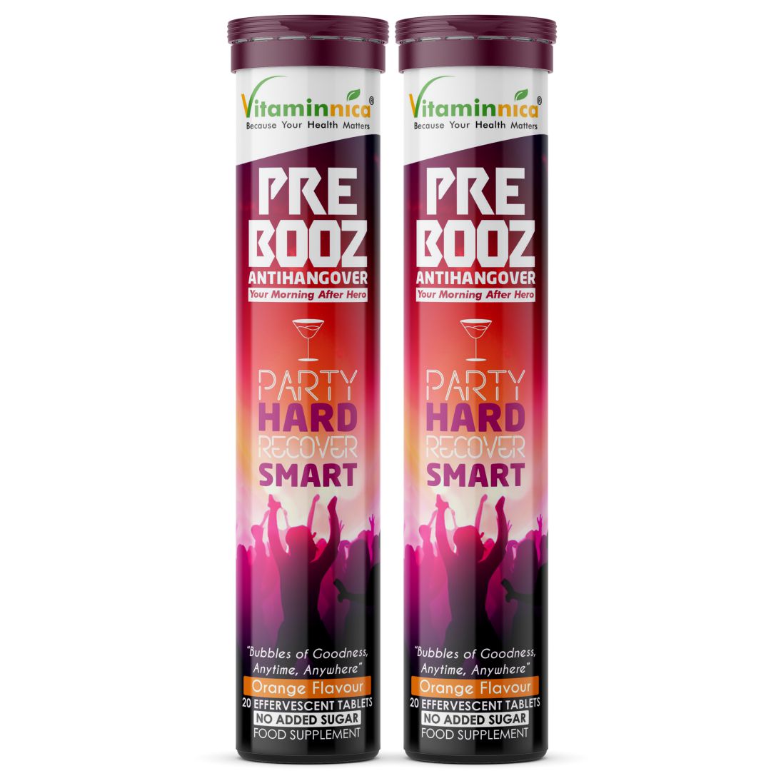 Vitaminnica Pre Booz- Hangover Relief Drink- 20 Effervescent Tablets– Pre & Post Party Recovery Supplement | With Vitamins, Minerals & Antioxidants | Helps Hydration, Liver Support, Energy & Detox