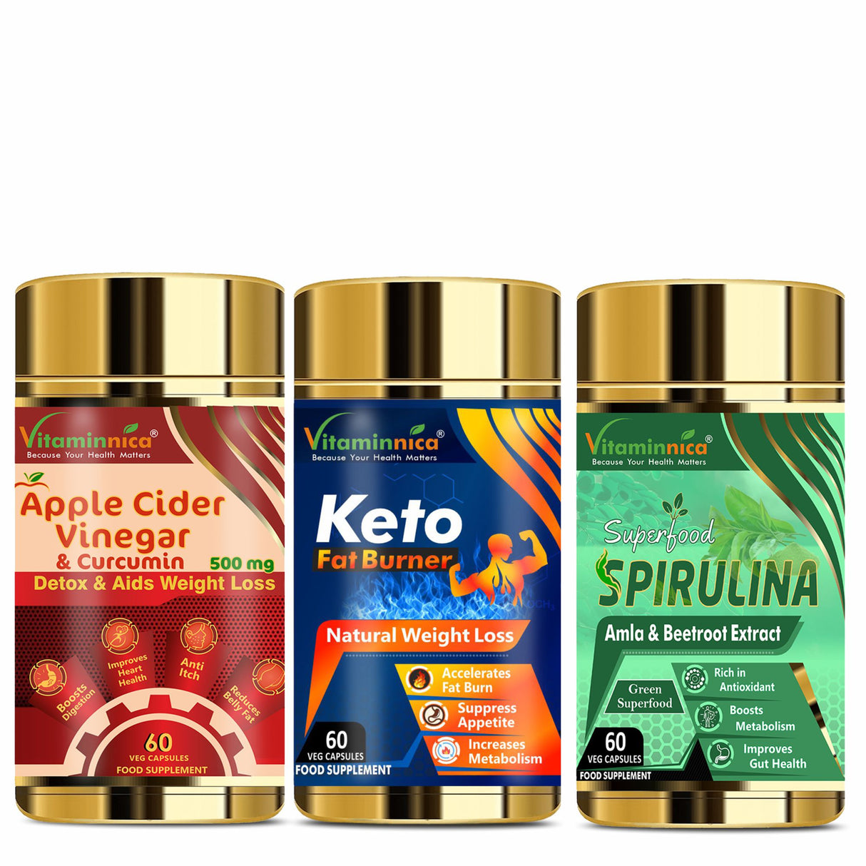 Body Detox Bundle- Vitaminnica Apple Cider Vinegar & Curcumin+ Keto Fat Burner+ Spirulina- 180 Capsules