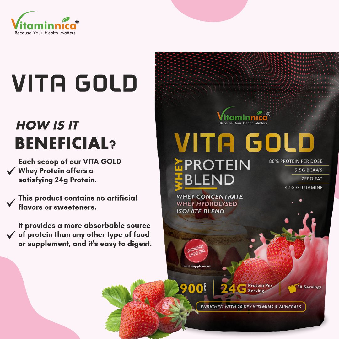 Vitaminnica Vita Gold Whey Protein- Strawberry Cheese Cake Flavour | 900gms