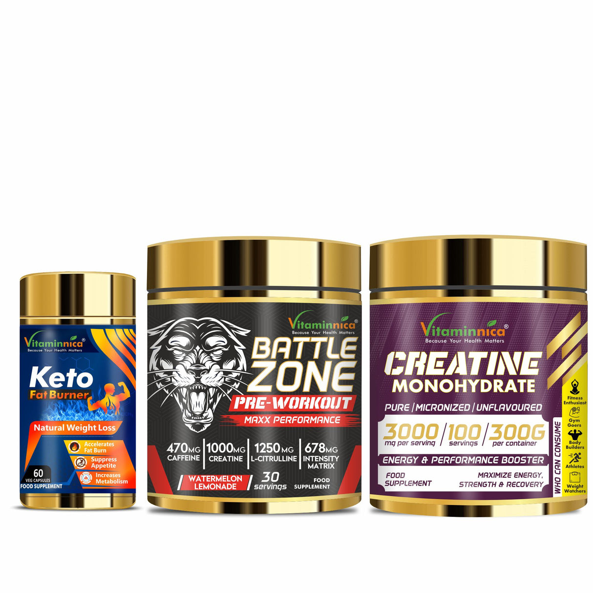 Sports Bundle- Vitaminnica Keto Fat Burner+ Battlezone Pre-workout + Creatine Monohydrate- 180 Capsules