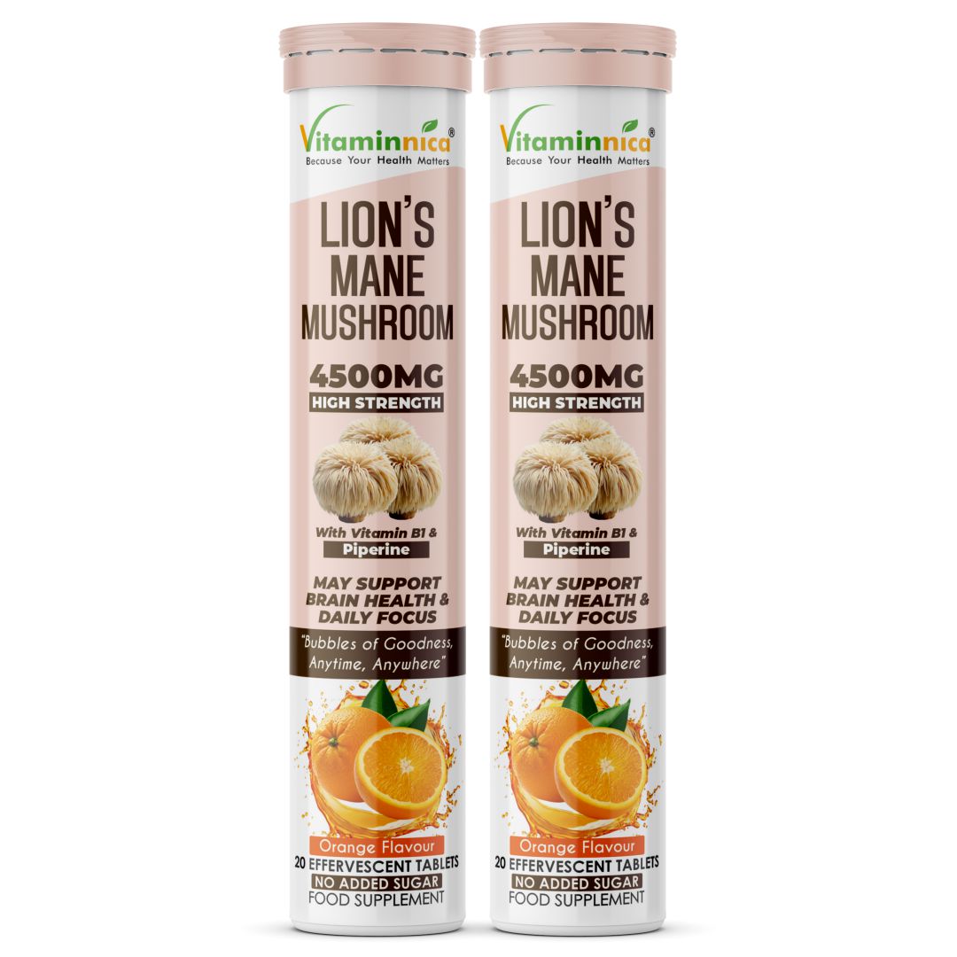 Vitaminnica Lion’s Mane Mushroom- 20 Effervescent Tablets | Brain Boost, Focus, Memory & Cognitive Support | Natural Nootropic Supplement | Mental Clarity, Nerve Health & Mood Enhancer | Vegan & Sugar-Free Tablets