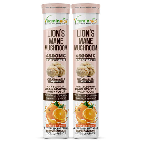 Vitaminnica Lion’s Mane Mushroom- 20 Effervescent Tablets | Brain Boost, Focus, Memory & Cognitive Support | Natural Nootropic Supplement | Mental Clarity, Nerve Health & Mood Enhancer | Vegan & Sugar-Free Tablets