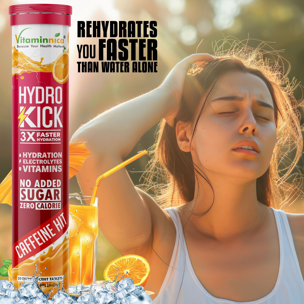 Vitaminnica Hydro Kick- 20 Effervescent Tablets | Hydration + Energy Boost | Electrolytes, Coconut Water, Caffeine & Green Tea | Vitamins & Minerals | Rehydration & Refreshing Energy Drink