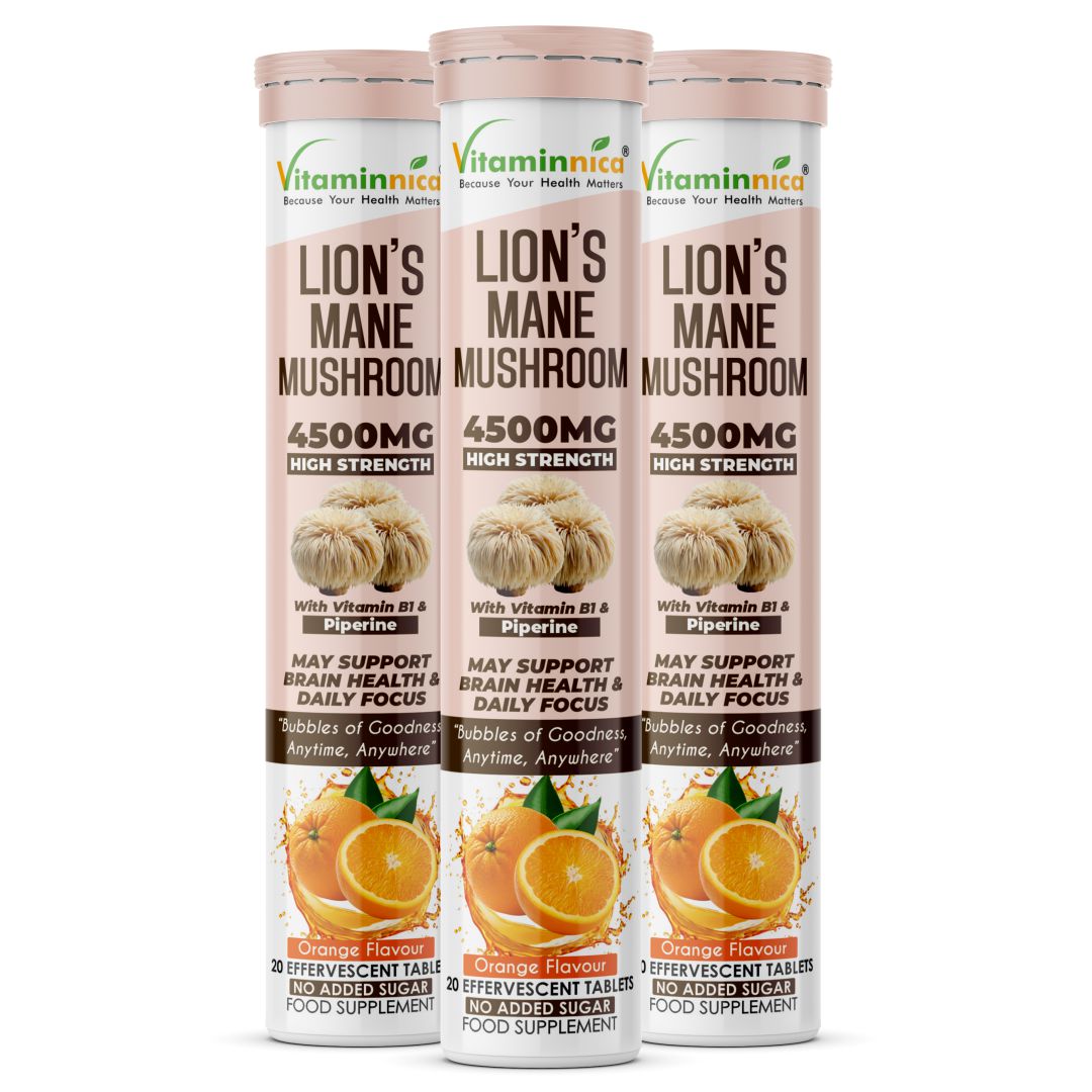 Vitaminnica Lion’s Mane Mushroom- 20 Effervescent Tablets | Brain Boost, Focus, Memory & Cognitive Support | Natural Nootropic Supplement | Mental Clarity, Nerve Health & Mood Enhancer | Vegan & Sugar-Free Tablets