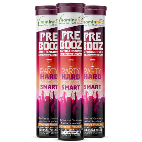 Vitaminnica Pre Booz- Hangover Relief Drink- 20 Effervescent Tablets– Pre & Post Party Recovery Supplement | With Vitamins, Minerals & Antioxidants | Helps Hydration, Liver Support, Energy & Detox