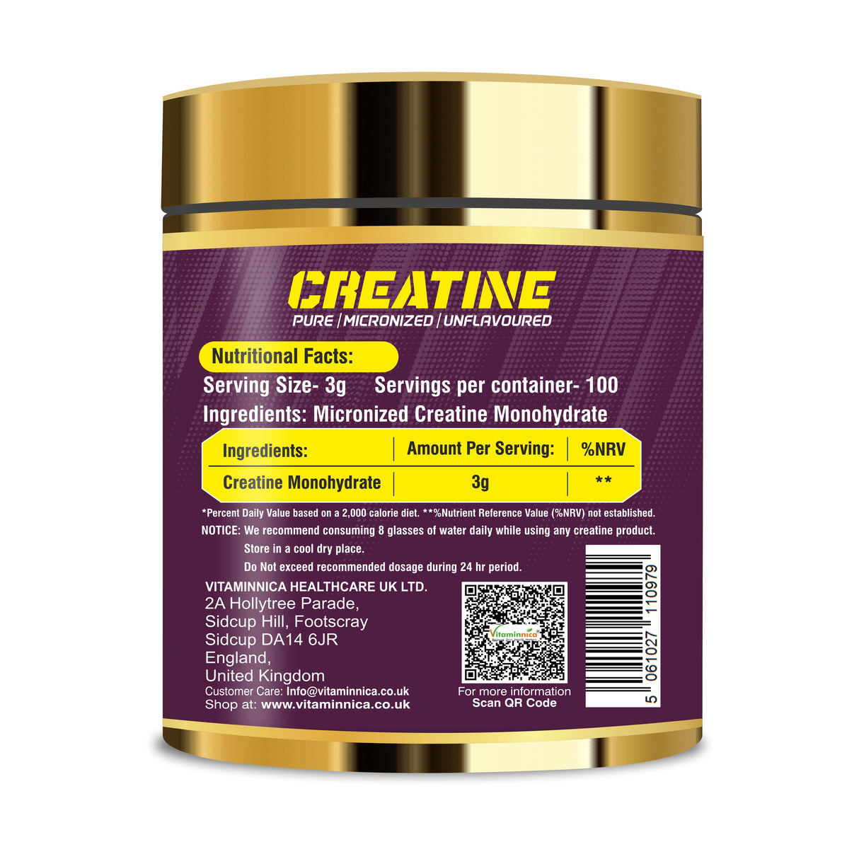 Vitaminnica 100% Pure Creatine Monohydrate Powder for Performance and Muscle Power |100 Servings, 300g