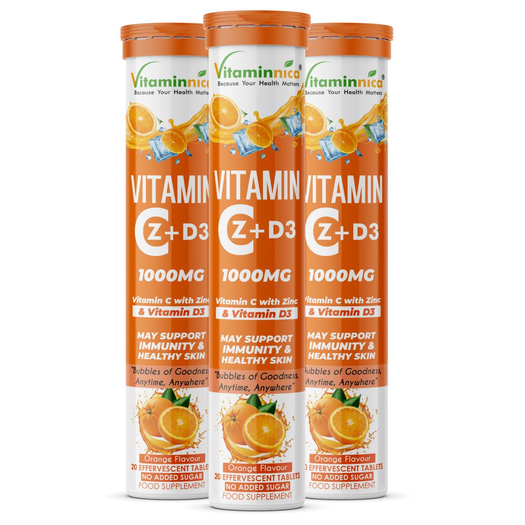 Vitaminnica Vitamin C + Zinc + D3- 20 Effervescent Tablets – High-Strength Vitamin C Drink for Immunity, Hydration, and Recovery | Sugar-Free, Orange Flavour
