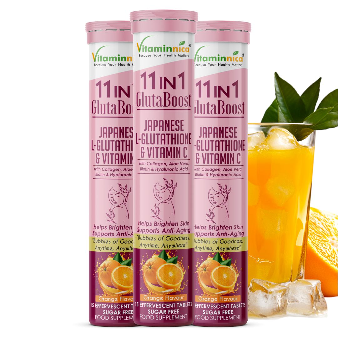 Vitaminnica Gluta Boost 11-in-1 Effervescent Tablets | Japanese L-Glutathione, Collagen, Vitamin C, Biotin & Hyaluronic Acid | Skin Radiance & Beauty Supplement | 15 Tablets