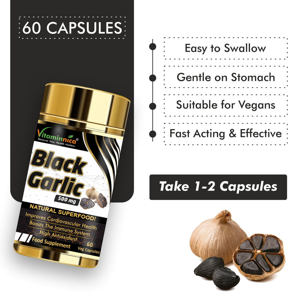 Vitaminnica Black Garlic - Better Immunity & Heart Health -60 Capsules