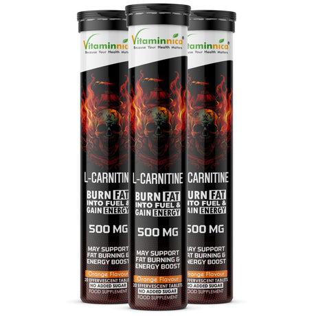 Vitaminnica L-Carnitine- 20 Effervescent Tablets Orange Flavour – Fat Metabolism, Energy & Weight Management Support | Fast-Absorbing Metabolic Drink