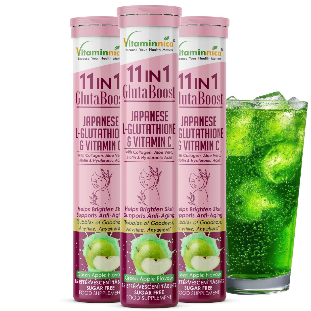 Vitaminnica Gluta Boost 11-in-1 Effervescent Tablets | Japanese L-Glutathione, Collagen, Vitamin C, Biotin & Hyaluronic Acid | Skin Radiance & Beauty Supplement | 15 Tablets