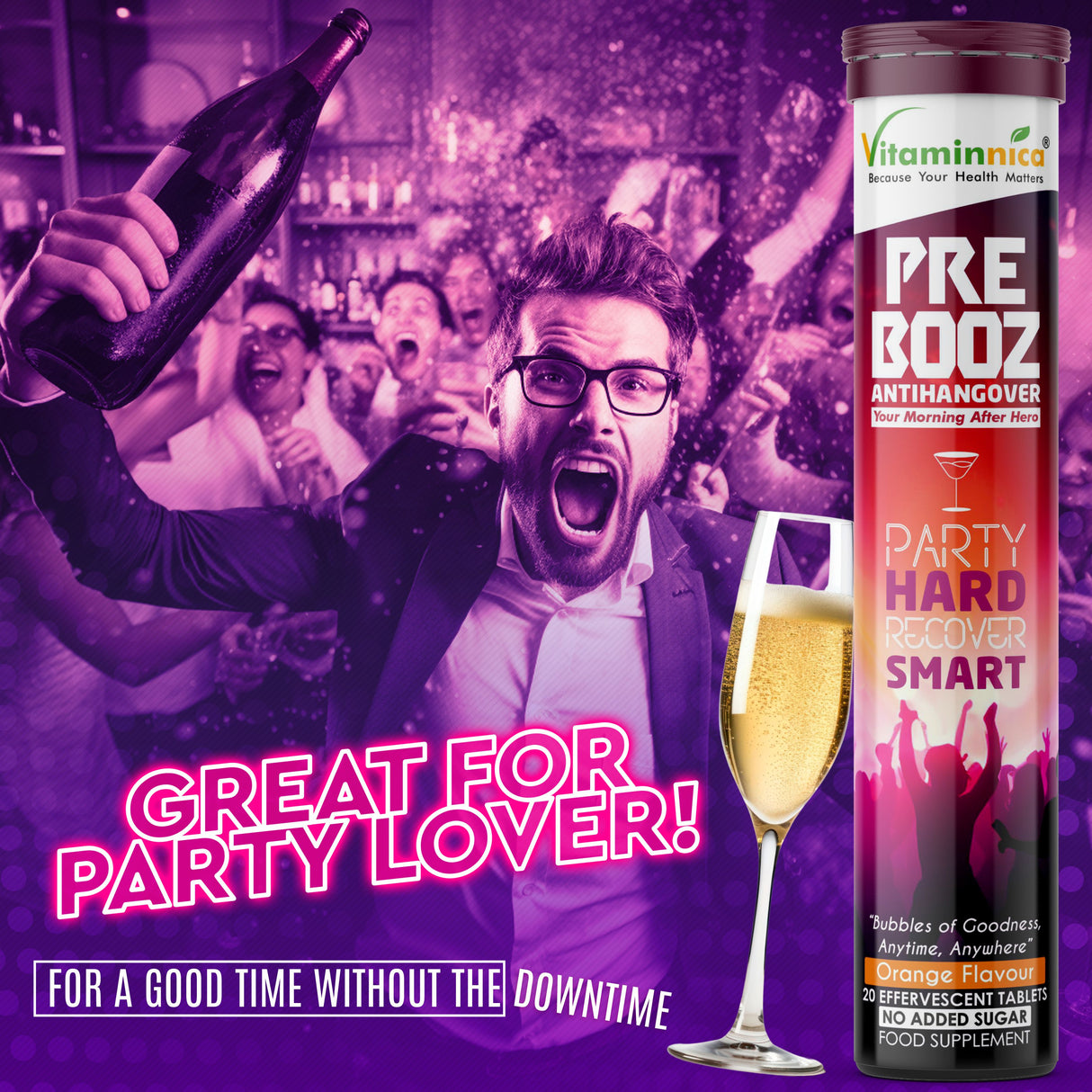 Vitaminnica Pre Booz- Hangover Relief Drink- 20 Effervescent Tablets– Pre & Post Party Recovery Supplement | With Vitamins, Minerals & Antioxidants | Helps Hydration, Liver Support, Energy & Detox