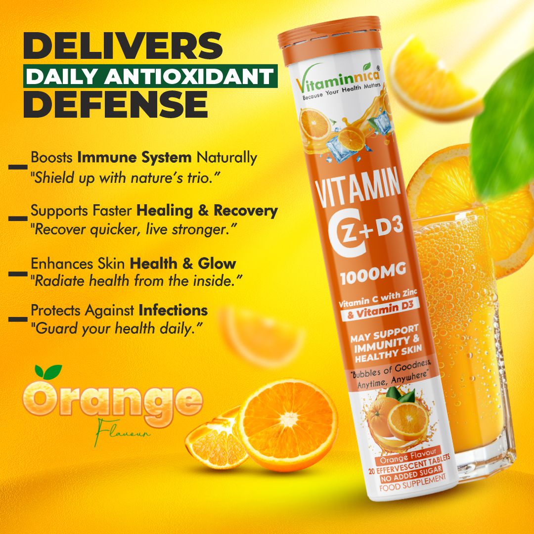 Vitaminnica Vitamin C + Zinc + D3- 20 Effervescent Tablets – High-Strength Vitamin C Drink for Immunity, Hydration, and Recovery | Sugar-Free, Orange Flavour