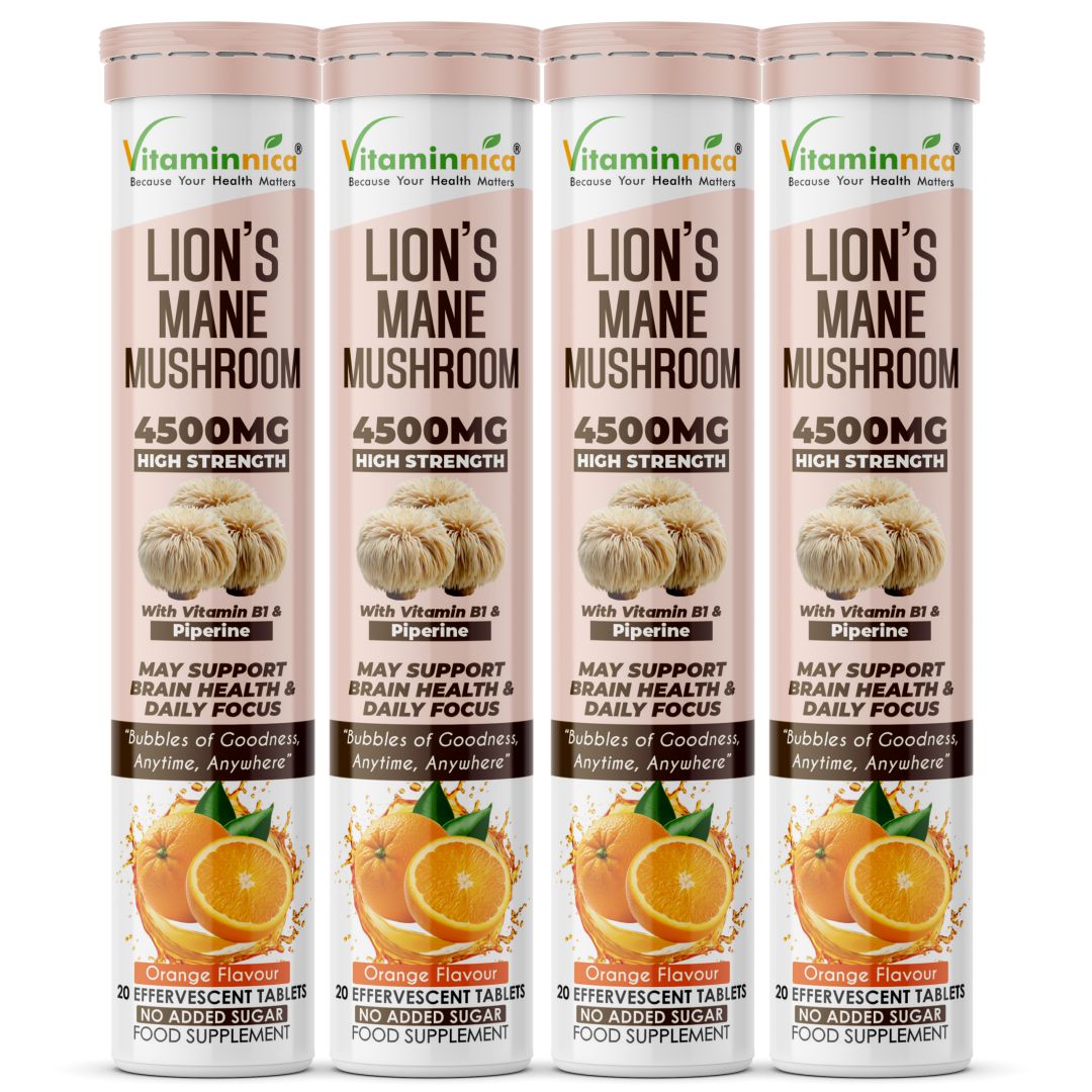 Vitaminnica Lion’s Mane Mushroom- 20 Effervescent Tablets | Brain Boost, Focus, Memory & Cognitive Support | Natural Nootropic Supplement | Mental Clarity, Nerve Health & Mood Enhancer | Vegan & Sugar-Free Tablets