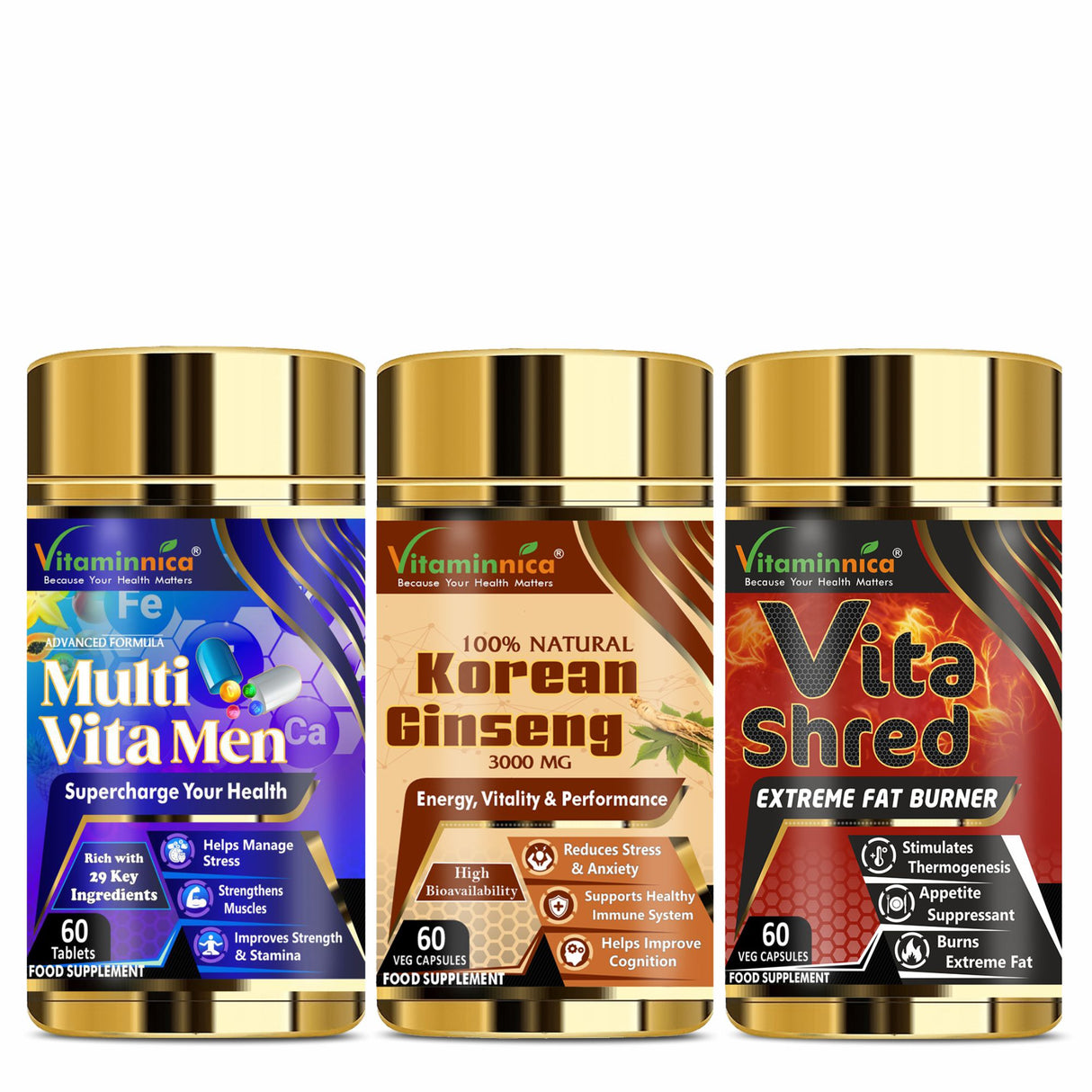 Men's Performance Bundle- Vitaminnica Multi Vita Men+ Korean Ginseng+ Vita Shred Extreme Fat Burner- 180 Capsules