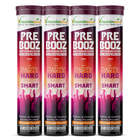Vitaminnica Pre Booz- Hangover Relief Drink- 20 Effervescent Tablets– Pre & Post Party Recovery Supplement | With Vitamins, Minerals & Antioxidants | Helps Hydration, Liver Support, Energy & Detox