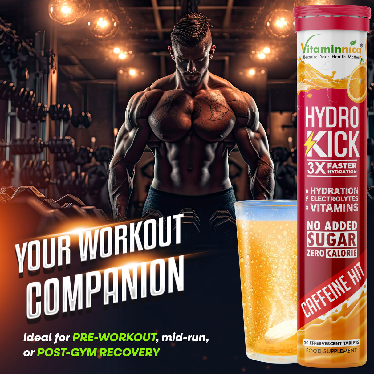 Vitaminnica Hydro Kick- 20 Effervescent Tablets | Hydration + Energy Boost | Electrolytes, Coconut Water, Caffeine & Green Tea | Vitamins & Minerals | Rehydration & Refreshing Energy Drink